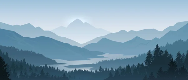 Montañas realistas paisaje. Panorama matutino de madera, pinos y siluetas montañosas. Fondo forestal vectorial — Vector de stock