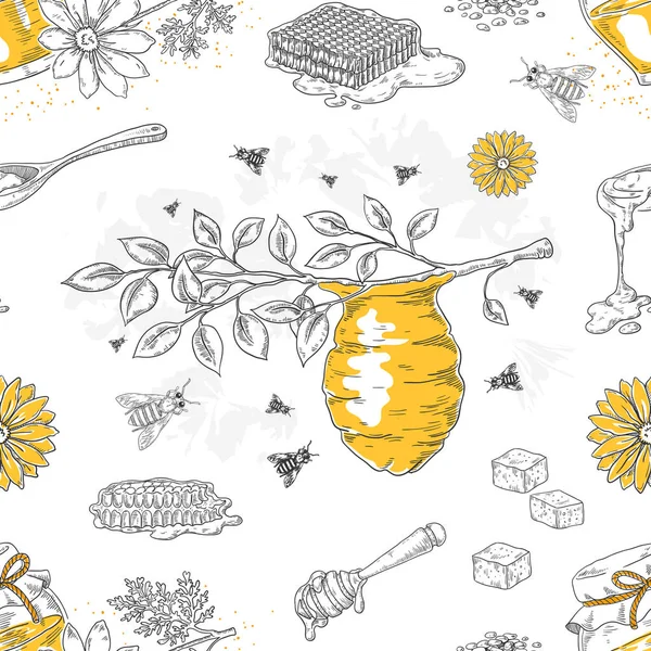 Медовий ескіз. Рука намальована лопатою і вуликом безшовний фон з квітами і бджолами. Шаблон векторного медового плаката — стоковий вектор