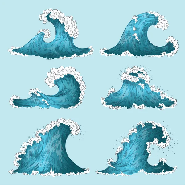 Ola de mar dibujada a mano. Bosquejo olas de tormenta oceánica, salpicaduras de agua marina elementos de diseño aislados. Vector conjunto de onda de dibujos animados — Vector de stock