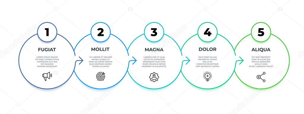Process flow infographic. 5 steps graphic diagram, circle line business presentation template. Vector 9 options infographic