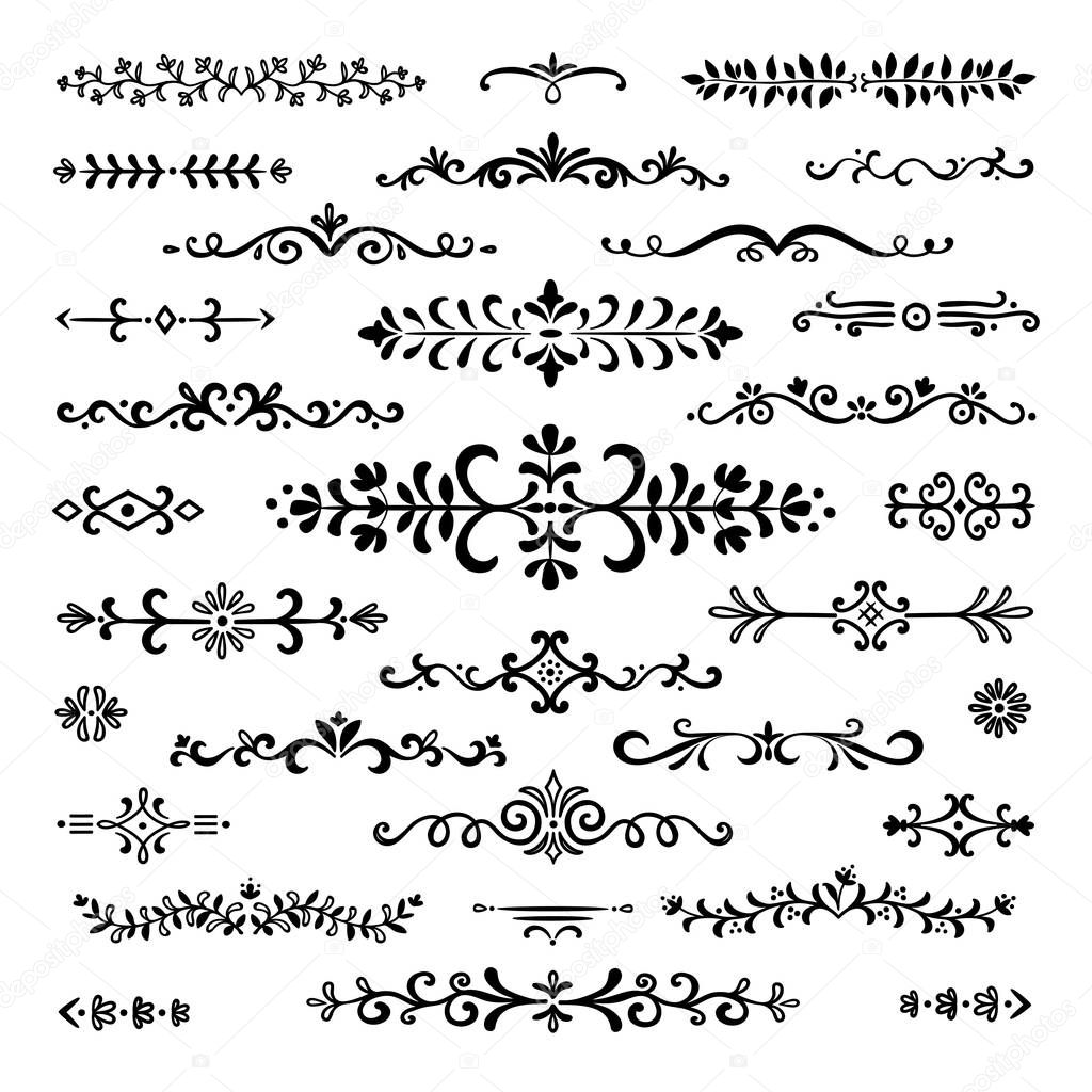 Hand drawn dividers. Text lines vintage book separator ornamental border decoration scribble dividing line doodle break vector set