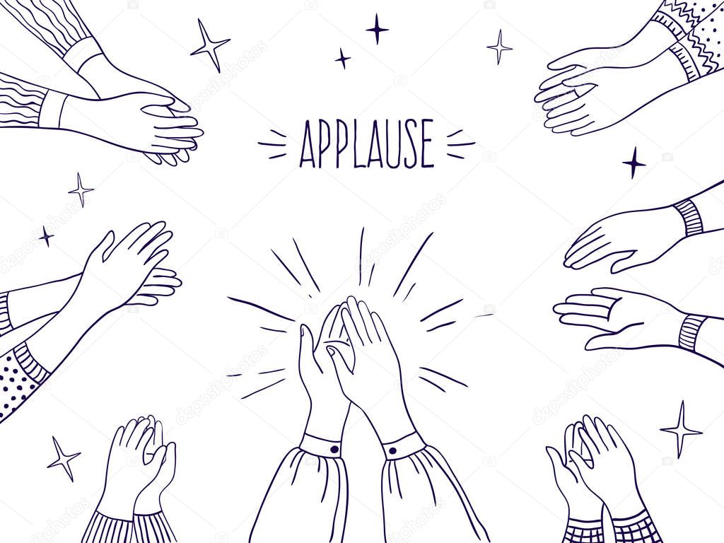Doodle applause. Happy people hands, high five illustration, sketch draw of clapping hands. Vector agreement and success concept