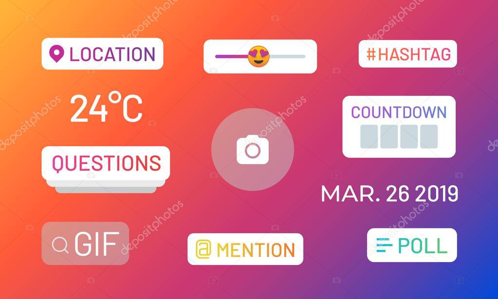 Instagram stories polls. Social media icons and functional stickers, hashtag location mention poll slider. Vector stories UI elements