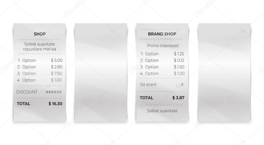 Shop receipt. Realistic restaurant bill and blank invoice paper isolated mockup. Vector store payment check and transaction ticket