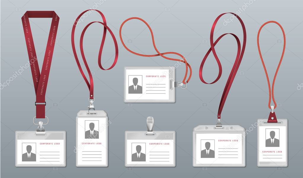 Realistic lanyard badge. Employee identification tag, blank plastic ID card holders with neck lanyards. Vector personal office pass