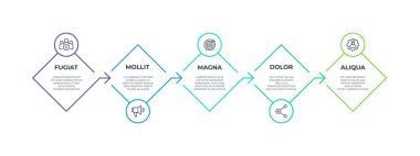 Adım satırı infografik. 5 adım kare sunum grafik, iş verimliliği zaman çizelgesi elemanları. Vektör akışı kilometre taşı infografik