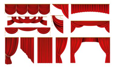 Gerçekçi kırmızı perdeler. Sinema ve tiyatro sahne sınırları, 3d zarif zemin perde. Vektör film ve opera iç ipek