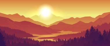 Mountain sunset landscape. Realistic pine forest and mountain silhouettes, evening wood panorama. Vector wild nature background clipart
