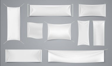 Tekstil reklam afişi. Boş beyaz kumaş reklam mockup, gerçekçi izole bez reklam sayfası. Vektör dikdörtgen promosyon bayrağı