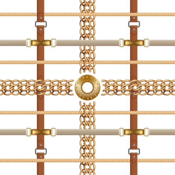 Řetězy a řemeny bezešvé. Barokní ozdoba s copánky a zlatým nábytkem. Vektorové přezky a tapeta — Stockový vektor