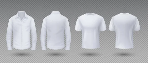 Camiseta y camisa realistas. Plantilla aislada de maqueta blanca, ropa uniforme masculina en blanco 3D, vista frontal y trasera. Ropa deportiva vectorial — Archivo Imágenes Vectoriales