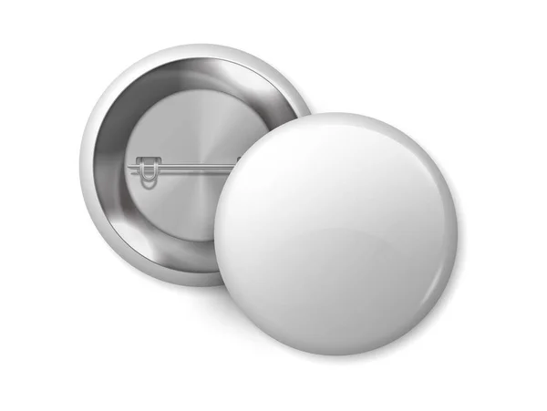 Makieta z białą okrągłą odznaką. Pin przycisk pusty towar, realistyczne 3D metalowe etykiety szablon projektu. Odznaka magnesu wektora — Wektor stockowy