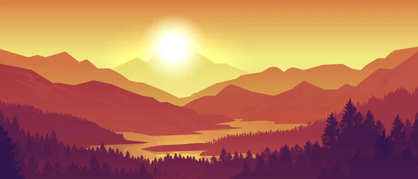 Montaña puesta de sol paisaje. Bosque de pino realista y siluetas de montaña, panorama de madera de noche. Vector naturaleza salvaje fondo — Vector de stock