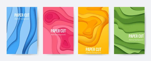 Cartazes de corte de papel. Fundo 3D com formas de camada abstrata, folhetos de origami mínimo, formas de papel líquido. Folhetos e brochuras de vectores — Vetor de Stock