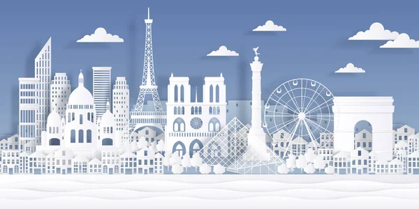 Paris punkt orientacyjny papieru. Wieża Eiffla francuski pomnik, symbol miasta podróży, papier cięcia gród projektu. Vector Paryż origami krajobraz — Wektor stockowy
