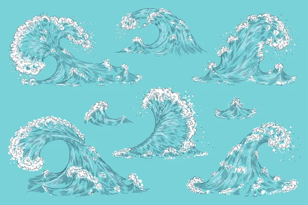 Handgezeichnete Ozeanwelle. Vintage-Cartoon-Sturmwellen, Gezeitenwasser spritzt isolierte Elemente. Vektor Swirl Tsunami Set — Stockvektor