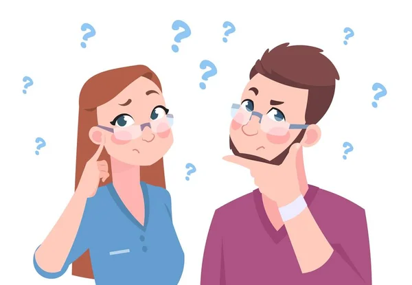 Confundidos hombre y mujer. Pareja joven pensando en una pregunta, hombre plano y mujer, personajes de dibujos animados en duda. Grupo Vector preocupado — Vector de stock