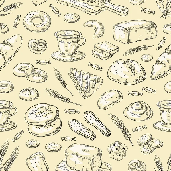1903.m30.i130.n014.F.c06.250142509 Patrón de panadería dibujada a mano. Plantilla de diseño de bocetos de garabatos de pan y pasteles vintage, pasteles dulces y galletas. Set de panadería vectorial — Archivo Imágenes Vectoriales