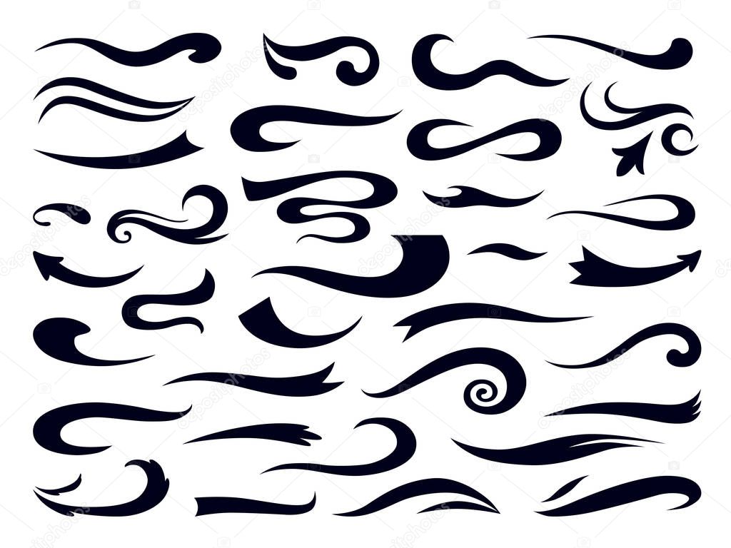 Swashes and swooshes. Curly swirl elements, retro typography underline design template, font lettering accent. Vector sports vintage black logo set