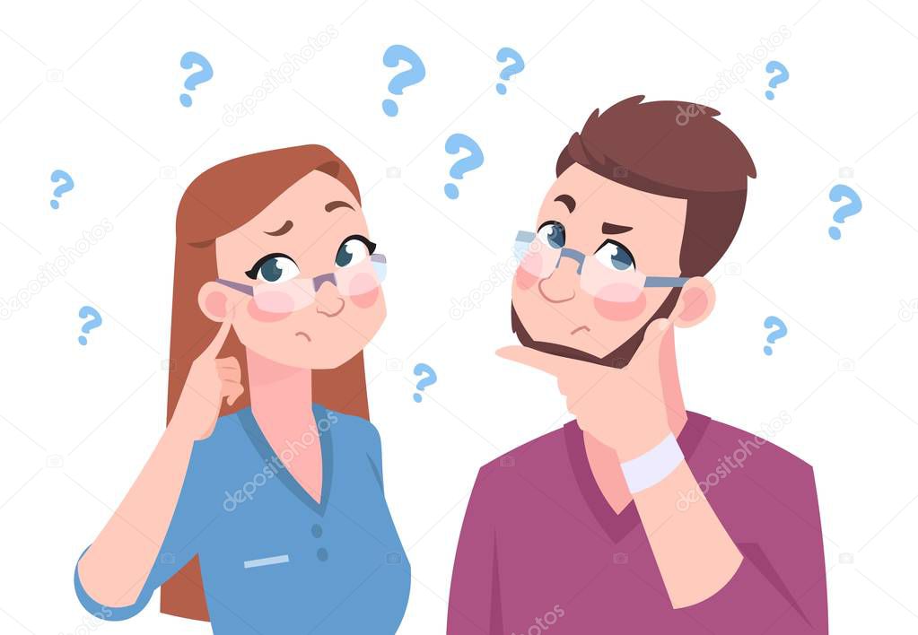 Confused man and woman. Young couple thinking a question, flat man and female, cartoon characters in doubt. Vector worried group