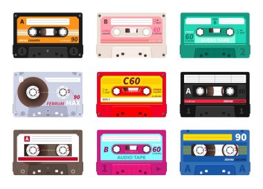 Retro kasetler. Vintage 1980'lerde müzik kaseti, dj rave parti mix, gerçekçi stereo kayıt seti. Vektör eski okul müzik kaseti