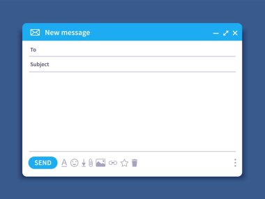 E-posta arayüzü. Posta penceresi şablonu, internet mesajı izole çerçeve, boş e-posta Ui tasarım. Vektör e-posta penceresi mockup