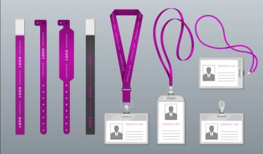 Realistic lanyard badge. Identity card mockup, event and festival ribbon access pass, accreditation ID. Vector card holder clipart