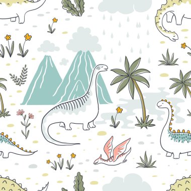 Doodle dinozor deseni. Dikişsiz tekstil ejderha baskı, trendy çocuksu kumaş arka plan, karikatür dinozorlar. Vektör arka plan çizimi