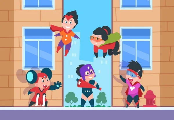 スーパーヒーローの子供の背景。子供の漫画のキャラクター、ベクトル都市の背景にスーパーヒーローの衣装で漫画幸せな子供たち — ストックベクタ