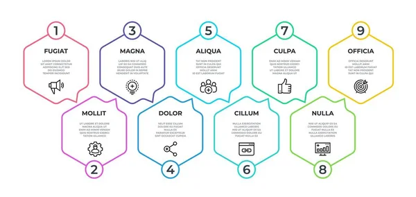 Arbetsflöde infographic. 9 steg flöde grafisk, tidslinje minimalistisk hexagon banner, affärspresentation graf. Vektor 9 - milstolpe — Stock vektor