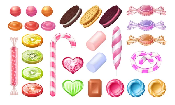 Caramelos y piruletas. Dulce jalea de chocolate caramelos de menta y galletas. Conjunto realista vectorial de postres festivos de toffee gomoso — Archivo Imágenes Vectoriales