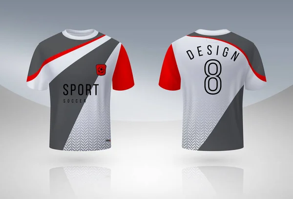 Camisa de futebol realista. Jersey esporte uniforme simular, modelo de design de t-shirt equipe de futebol 3D. Vetor de pescoço redondo vestuário —  Vetores de Stock