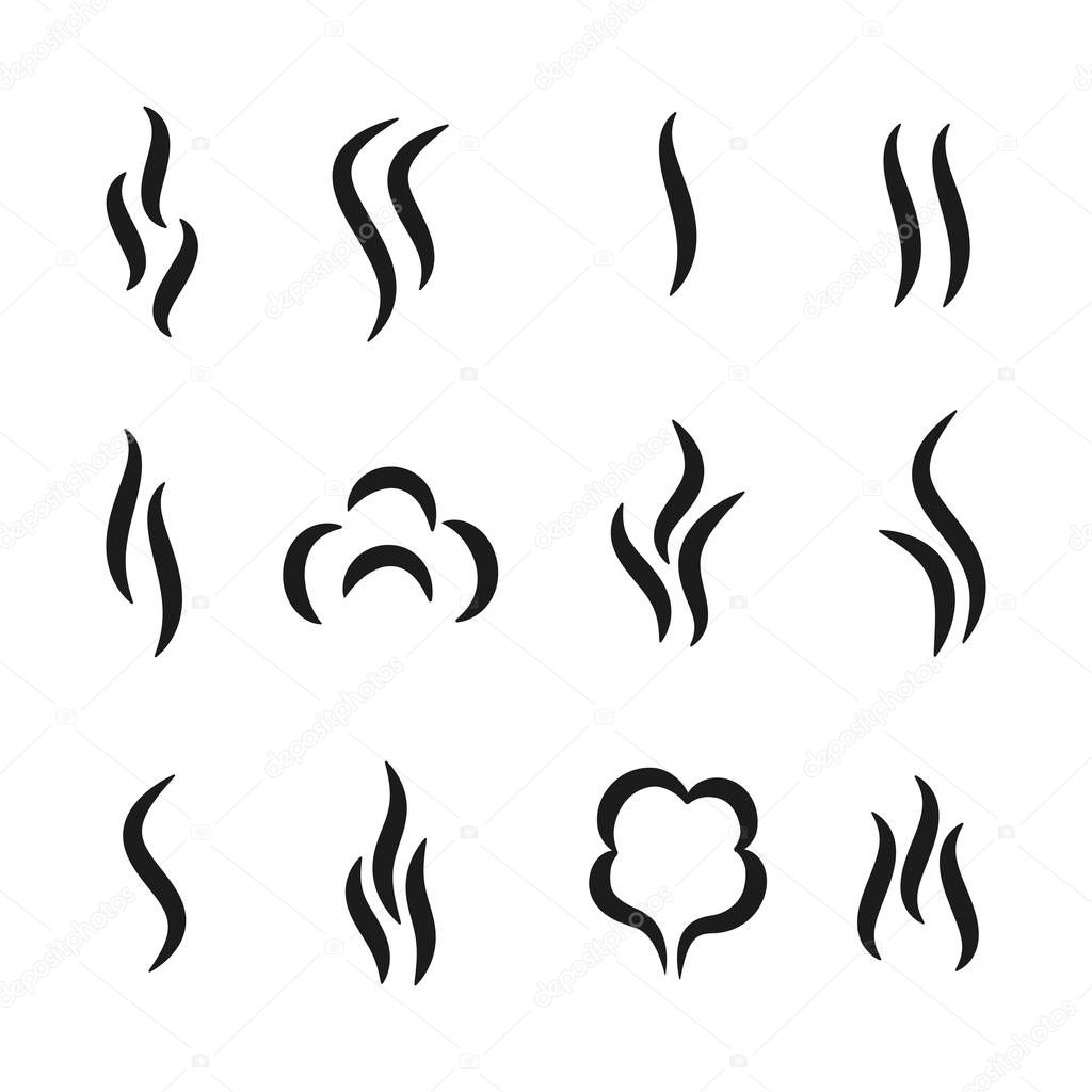 Steam aroma icons. Coffee and tea smell black symbols, set of aroma scent gas vapour and water steam. Vector lines heat smoke pictograms set