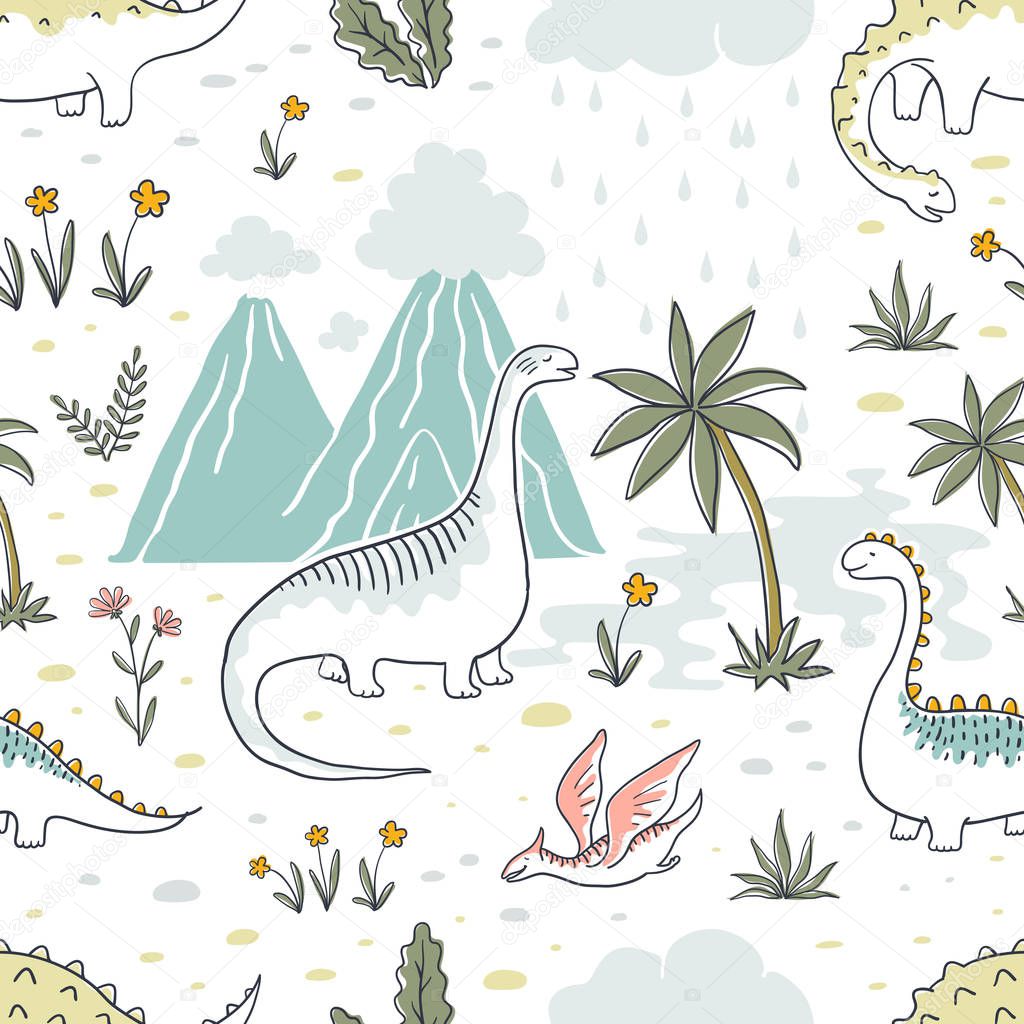 Doodle dinosaur pattern. Seamless textile dragon print, trendy childish fabric background, cartoon dinosaurs. Vector background sketch