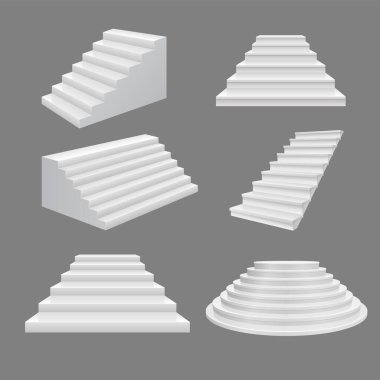 Bina merdiven illüstrasyon. Üst katta 3d scala illüstrasyon beyaz modern merdiven. Vektör dekorasyon merdiveni