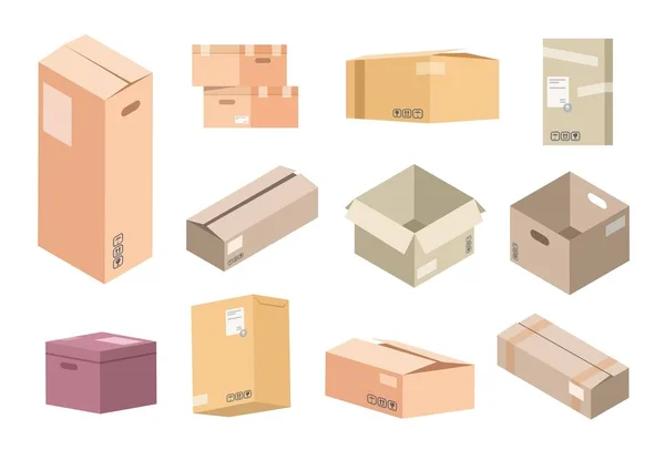 Cajas de cartón planas. Envases de cartón entrega, paquetes isométricos aislados abiertos y cerrados, paquetes de almacén y mercancías. Carga vectorial — Archivo Imágenes Vectoriales