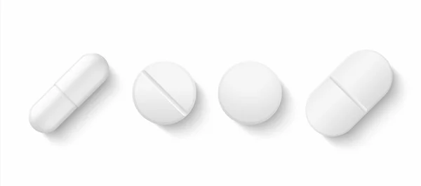 현실적인 흰색 알 약. 3D 약물 약 캡슐 및 비타민, 의료 약국 정제. 벡터 다른 고립 된 의약품 — 스톡 벡터