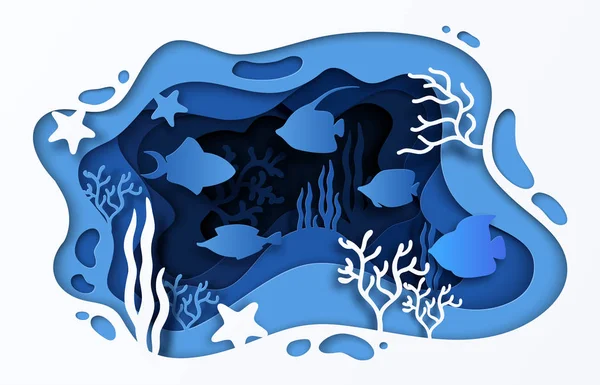 Papier geschnitten Meer Hintergrund. Unterwasser Ozean Korallenriff mit Wellen Fische und Algen, 3d Cartoon Sommerposter. Vektor unter Wasser — Stockvektor