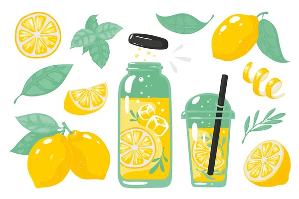 Limão amarelo desenhado à mão. Limonada fria de verão com fatias de copo de garrafa de limão e palha. Conjunto de vectores de limões — Vetor de Stock