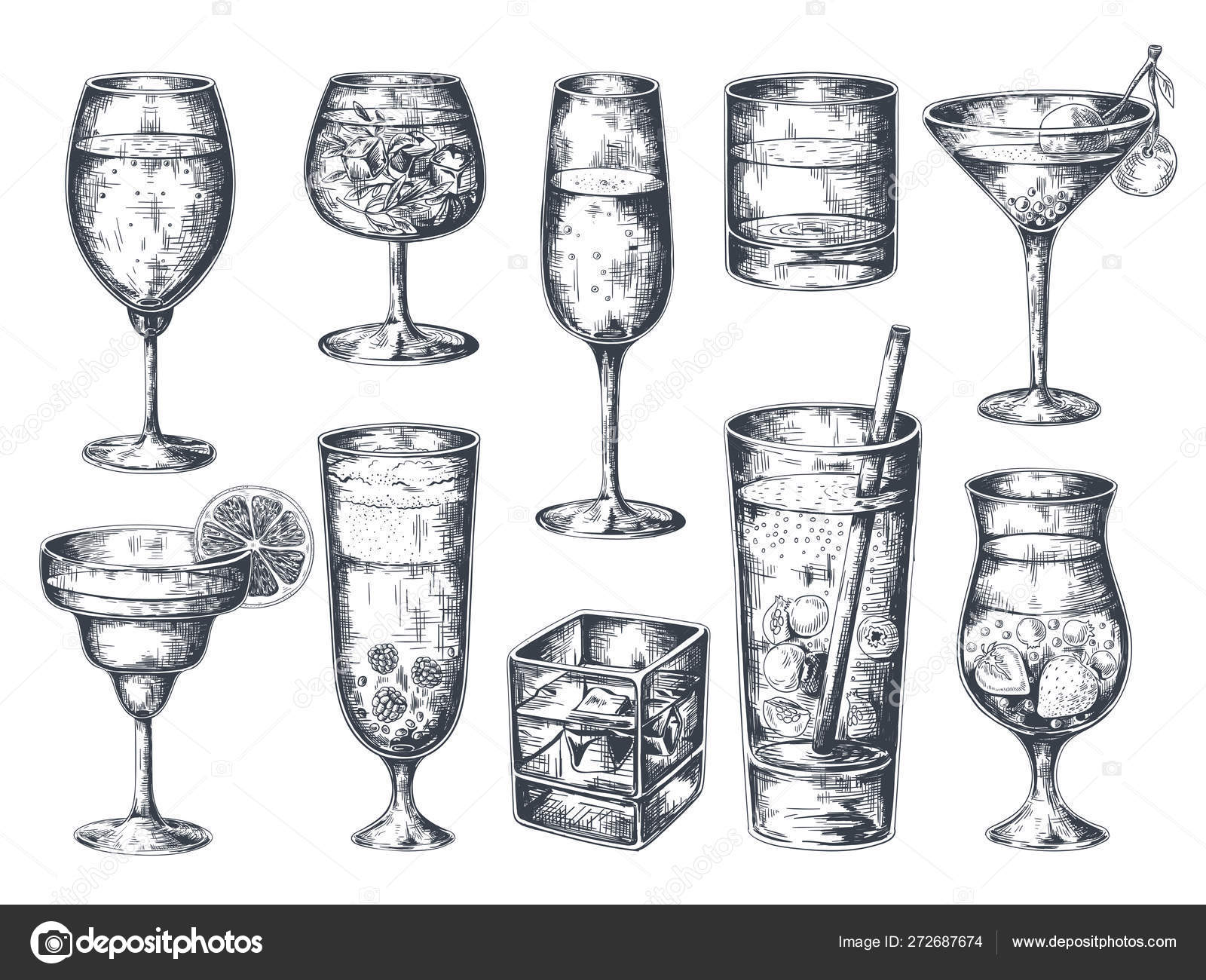 Download Hand Drawn Cocktails Glasses With Alcoholic Drinks Tonic And Lemonade Martini Gin Rum And Tropical Beverages Vector Isolated Sketch Vector Image By C Spicytruffel Vector Stock 272687674
