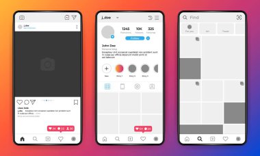 Telefon maketi. Gerçekçi telefon sosyal ağ mobil arayüzü, kullanıcı profili fotoğraf çerçevesi. Vektör hesabı Ui şablonu