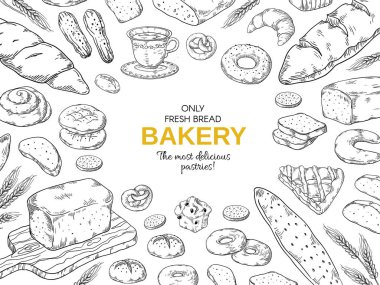 Fırın çerçevesi. Menü için el çizilmiş ekmek ve kurabiye afiş, tatlı börek ve kek doodle tasarım şablonu. Vektör fırın seti