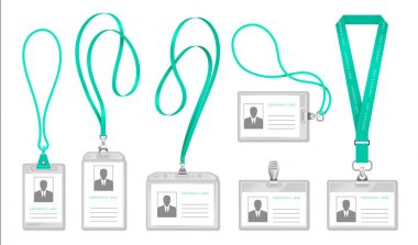 Lanyard kimlik kartı. Boyun ipi, sergi kartı tasarımı ile Ofis erişim kimlik kartı sahibi. Vektör gerçekçi konferans kartı