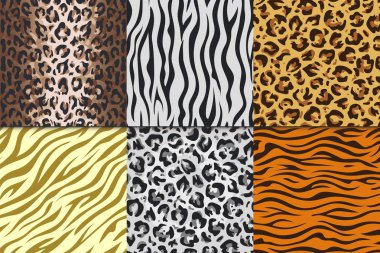 Dikişsiz hayvan izleri. Leopar kaplan zebra deri desenleri, doku çizgili arka planlar. Vektör Afrika hayvanlar farklı desenler