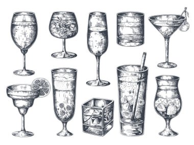 Elle çizilmiş kokteyller. Alkollü içecekler tonik ve limonata, martini cin rom ve tropikal içecekler ile Gözlük. Vektör yalıtılmış çizim