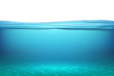 Göl sualtı yüzeyleri. Yüzey denizaltında mavi ufuk arka plan rahatlayın, güneş ışınları ile temiz doğal görünüm alt havuzu. Vektör çizimi