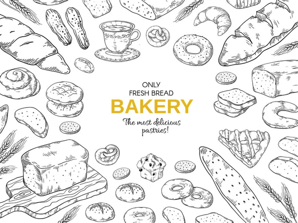 Bakery frame. Hand drawn bread and cookies banner for menu, sweet pies and cakes doodle design template. Vector bakery set — Stock Vector