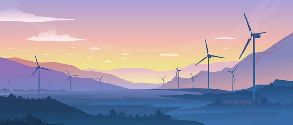 Paysage écologique des montagnes. Turbines éoliennes durables silhouette avec pinède et montagnes. Nature vectorielle réaliste — Image vectorielle