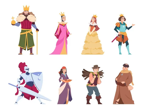 Middeleeuwse personages. Platte historische mensen, Koning Koningin Prins en Prinses Royal set. Vector cartoon Fairytale ridders en boer — Stockvector