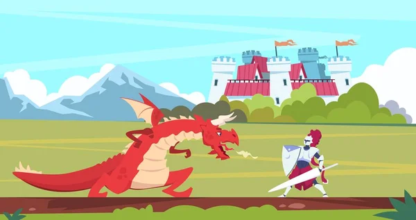 Ortaçağ çizgi film sahnesi. Ejderha ve şövalye savaşçı mücadele, canavar ve prens peri masalı düz karakterler. Vektör ortaçağ arka plan — Stok Vektör